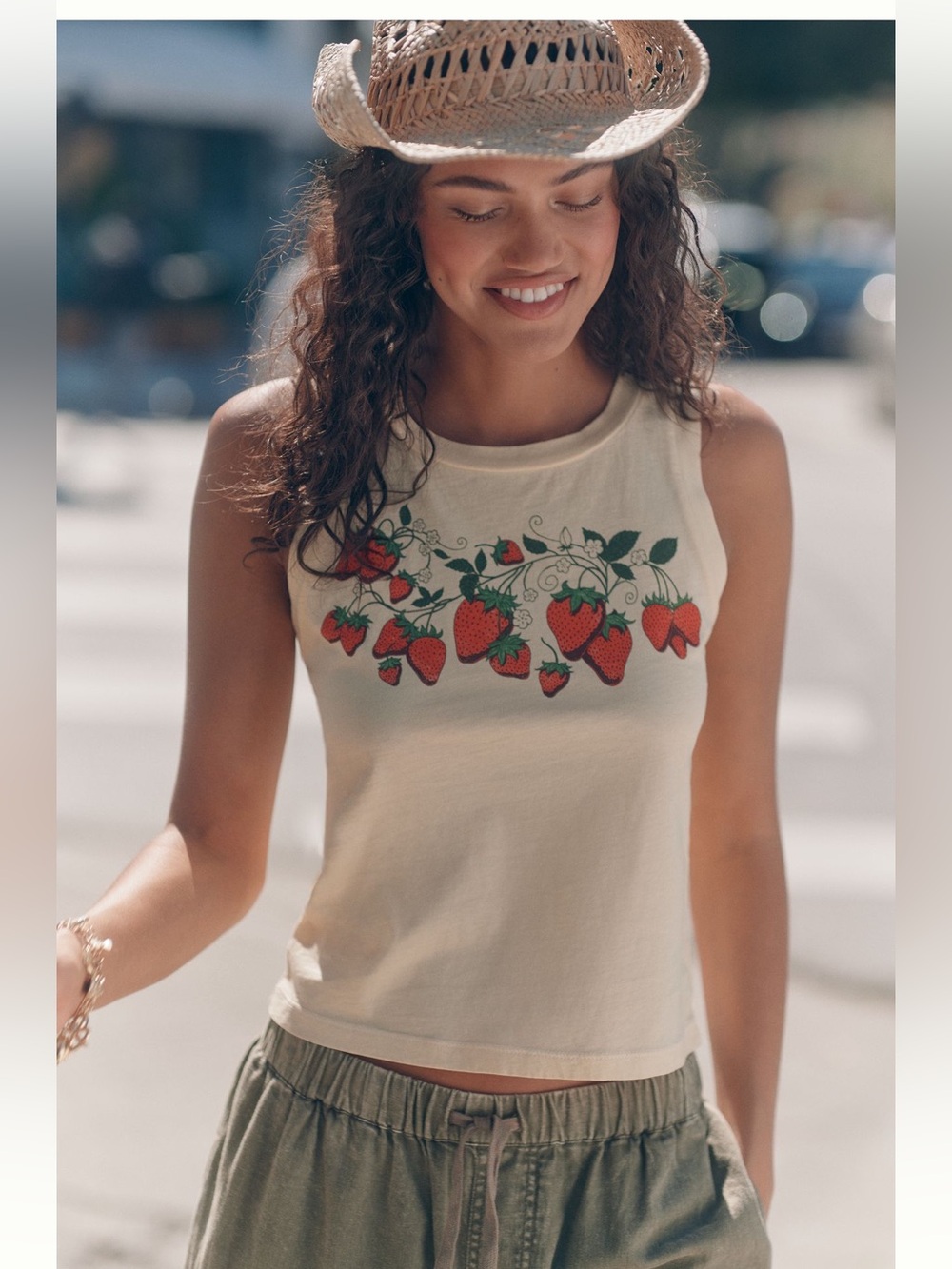 Anthropologie Cream Tank with Red Strawberry Motif